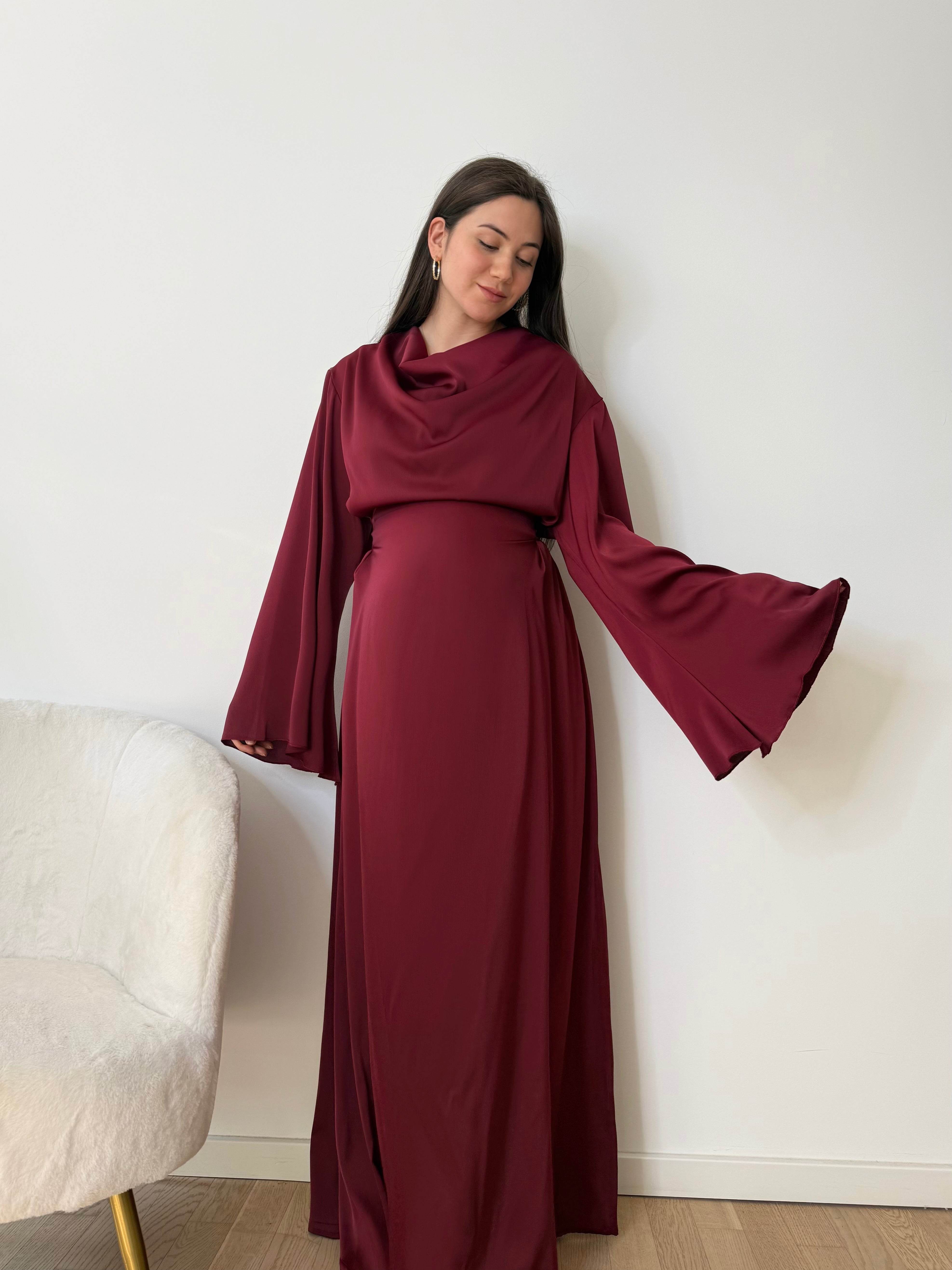 Satin abaya with waterfall neckline 
