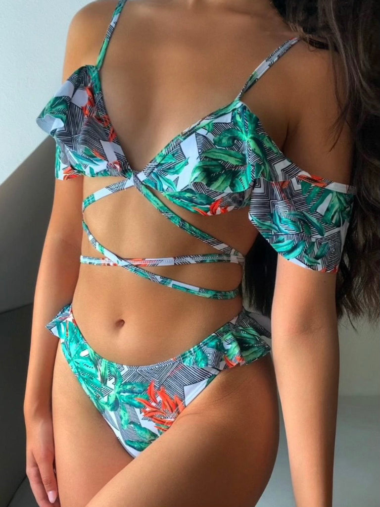 Rüschen-Bikinihose mit Hawaii-Print